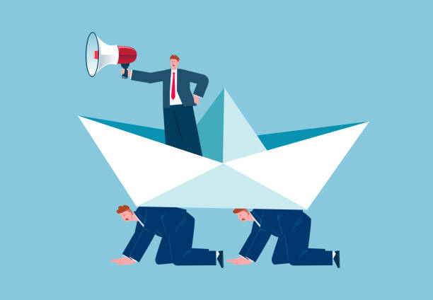 istock Bureaucratic, hypocritical, businessmen on their knees supporting huge ships with their ship's leaders 2162616493