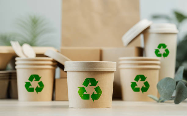 istock Use of eco-friendly paper tableware and packaging made from biodegradable materials. Set of eco friendly food packaging with recycling symbols on table white background. 2162617940
