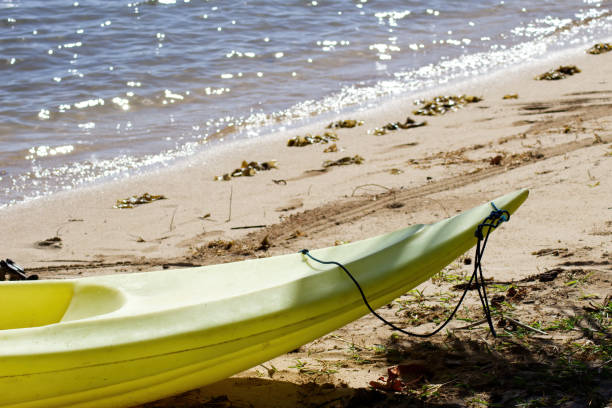 Front End Of Yellow Kayak Sitting In Shade On Sand Beach With Ocean Water In Background Moorea French Polynesia South Pacific