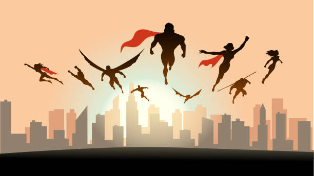 istock Vector Superhero Team Silhouettes Flying in a City Stock Illustration 2162619162