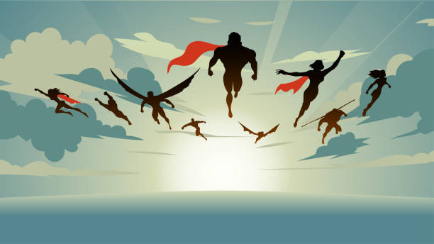 istock Vector Superhero Team Silhouettes Flying above a sea Stock Illustration 2162619382