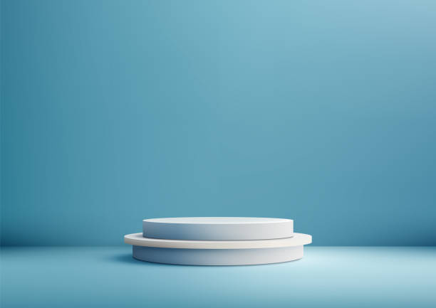 istock Modern 3D White Circles Podium on Blue Background, Minimal Style Product Display, Mockup, and Showcase 2162620184