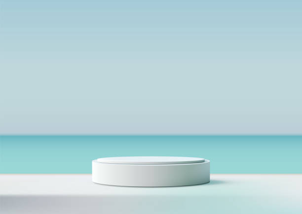 istock 3D White Podium Overlooking Blue Ocean background, Minimal Style, Nature Concept for Product Display, Mockup, Showcase 2162620191