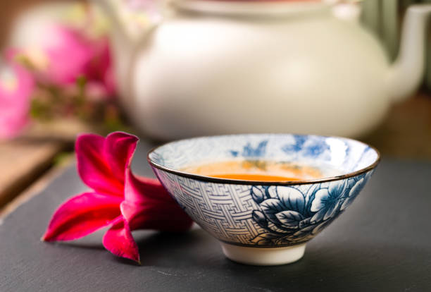 Asian tea with teapot and flowers