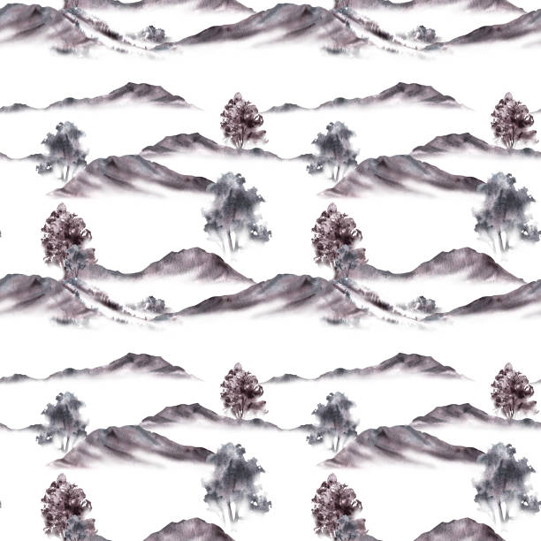 istock Monochrome landscape with trees, mountains, hills, bushes. Watercolor seamless pattern. Hand painted 2162625544