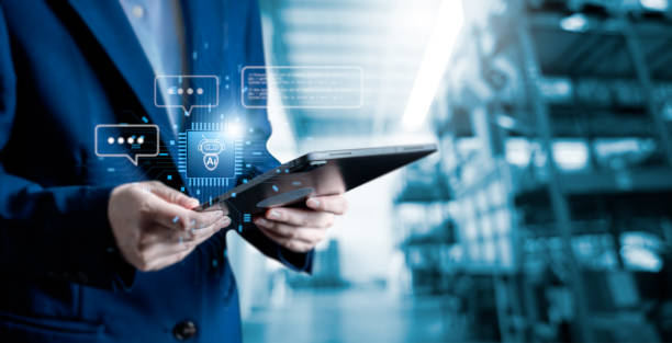 istock Businesswomen use tablet connect artificial intelligence AI circuit board to virtual smart chatbot with a command prompt for automation generate, Innovative technology Ai virtual screen for futuristic 2162626021