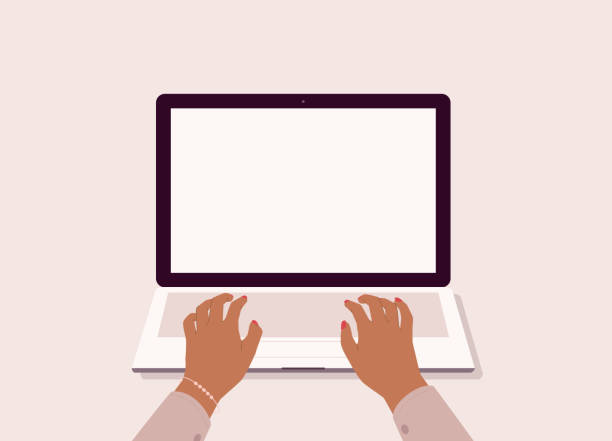 Black Businesswoman’s Hand Typing On Laptop Keyboard. Black Businesswoman’s Hand Typing On Laptop Keyboard With Blank Screen. Isolated On Color Background. typing on computer keyboard stock illustrations