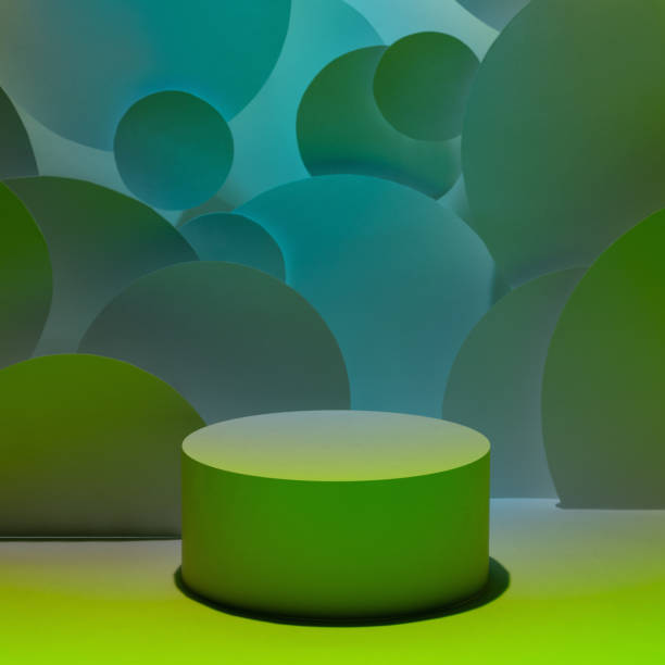 istock Abstract stage for presentation cosmetic products, goods - one round podium mockup in dark blue acid green glowing light, bubbles fly decor. Template for showing cosmetics in vr black friday style. 2162629607