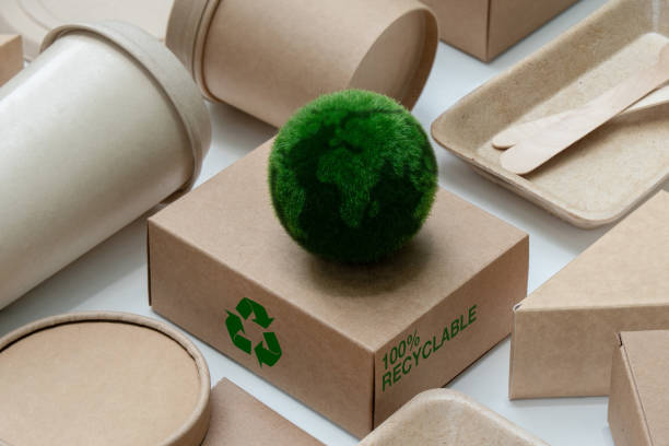 istock Eco Friendly Packaging for a Sustainable Future. Green earth on  cardboard box from natural recyclable with a recycling sign .Responsible consumption, zero waste concept. 2162630328