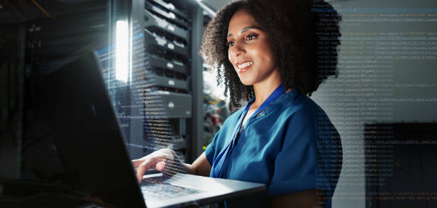 istock Woman, laptop and engineer work in server room, firmwear update and programmer for cyber security. Developer, confident and IT support or upgrade network for gdpr, database and data centre overlay 2162632113