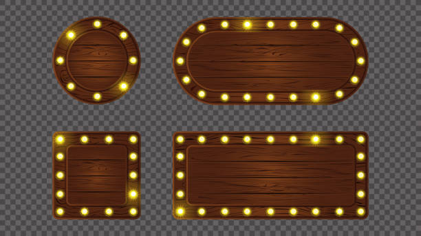 istock Wooden retro light sign board game banner vector. Cartoon oval plank frame with led neon lit. Wood texture signboard ui button on transparent background. Timber notification message panel set. 2162634700