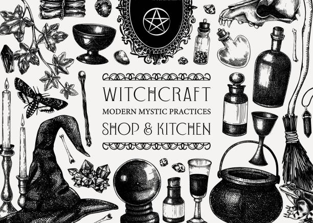 Witchcraft background. Bohemian style witchcraft background. Vinatge Halloween sketches. Hand-drawn vector illustration. Antique apothecary frame design. Witchcraft shop banner. NOT AI generated crystal chalice stock illustrations