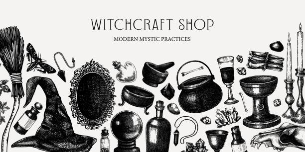 Witchcraft shop banner. Sketch style witchcraft banner. Vinatge Halloween background. Hand-drawn vector illustration. Antique apothecary design. Witchcraft shop border. NOT AI generated crystal chalice stock illustrations
