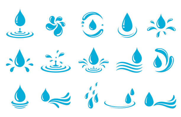 illustrazioni stock, clip art, cartoni animati e icone di tendenza di gocce d'acqua, goccioline liquide, schizzi, onde, gocce di pioggia elementi di design - bagnato