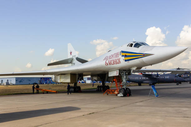 100th anniversary of the Russian Air Force. Big Soviet supersonic high-speed strategic bomber with variable sweep wing Tu-160 White Swan (NATO: Blackjack) in parking. 100th anniversary of the Russian Air Force. Big Soviet supersonic high-speed strategic bomber with variable sweep wing Tu-160 "White Swan" (NATO: Blackjack) in parking. Zhukovsky, Russia - August 10, 2012 tu160 stock pictures, royalty-free photos & images
