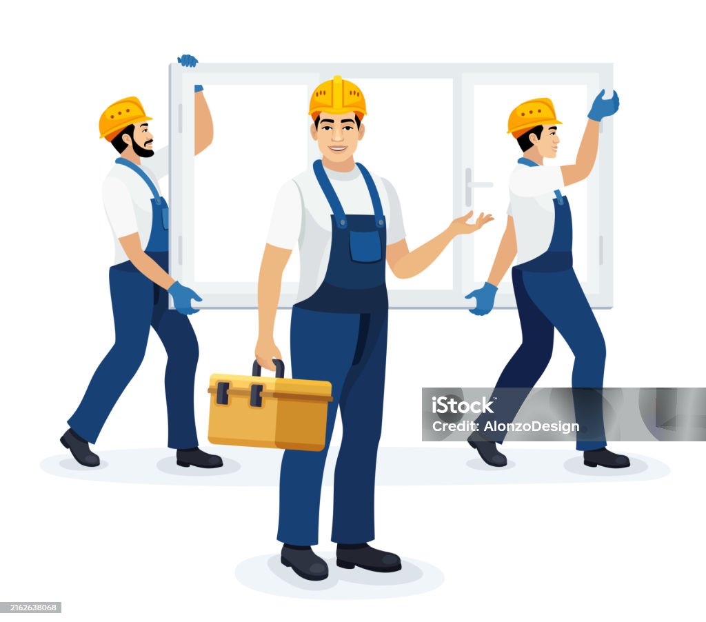 Vector Window Installation Window Installation Two Workers Carrying A Window Stock Illustration ...