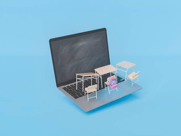 istock Miniature Classroom Desks Floating on Laptop Keyboard in a Blue Background 2162638639