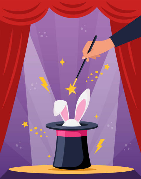istock Magic hat with bunny ears. Magician hat with rabbit. Circus show, abracadabra wand in magicians hand. Magic rabbit in hat, bunny trick. Vector illustration. 2162640931