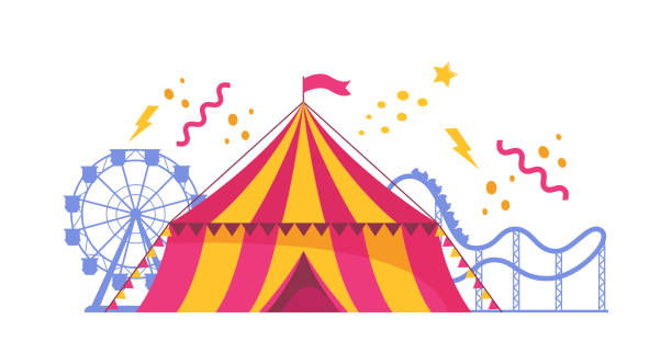 istock Amusement park composition with outdoor scenery and view of circus, rollercoaster and ferris wheel. Carnival party. Vector illustration. 2162641820