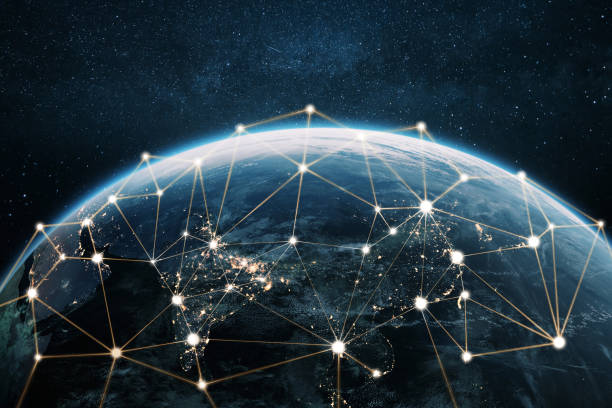 istock Beautiful blue planet earth with yellow light lines of communication, creative idea. Transfer and data transmission, concept. Journey. Technology and Communication net, concept 2162643382