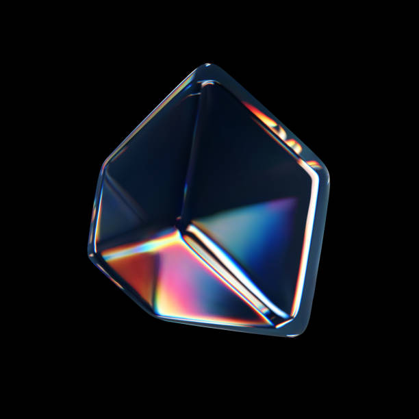 istock 3d crystal glass cube with refraction and holographic effect isolated on black background. Render transparent glass rotate box with overlay dispersion light, rainbow gradient. 3d vector illustration 2162645265
