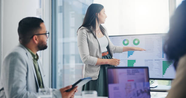 istock Data analytics, business meeting and people with graph presentation in office for revenue, profit or sale statistics. Chart, analysis or accounting team brainstorming economy, inflation or solution 2162645337