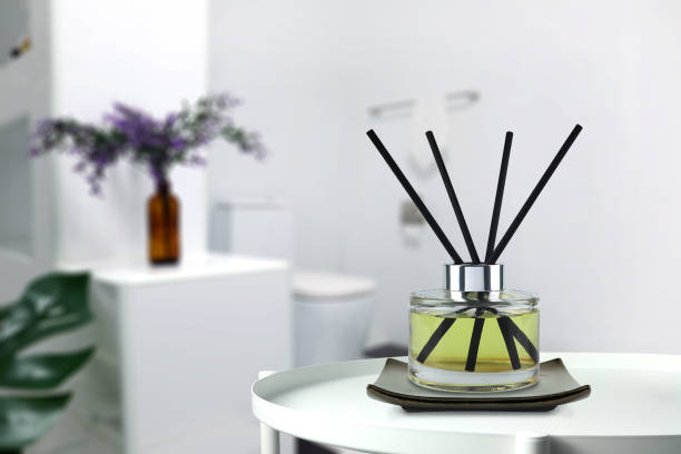 istock luxury aroma reed diffuser bottle on nice white table shelf as room freshener in toilet bathroom 2162648351