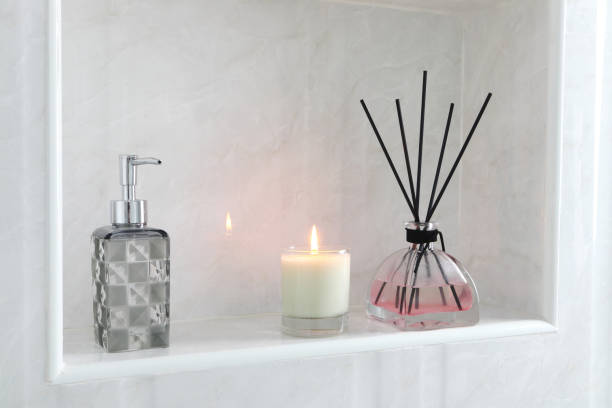istock luxury aroma reed diffuser bottle on nice white table shelf as room freshener in toilet bathroom 2162648352