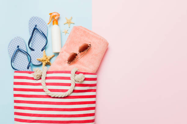 istock Composition with stylish beach accessories on colored background, top view. Beach fashion flat lay, summer concept. Trendy colors 2162649040