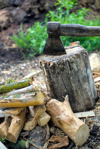 Ax stuck in wooden deck after making firewood
