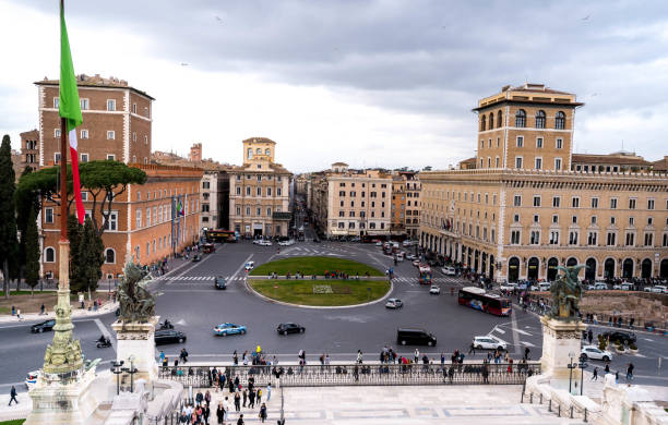 Beautiful cityscape of Venice square (Piazza Venezia) seen from the Vittoriano (Altare della Patria) National Monument in Rome, Italy