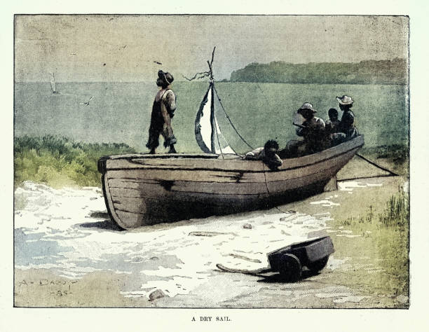 istock Dry sail, Children playing on a a boat pulled up on a beach, Victorian, Vintage illustration, 19th Century 2162658960
