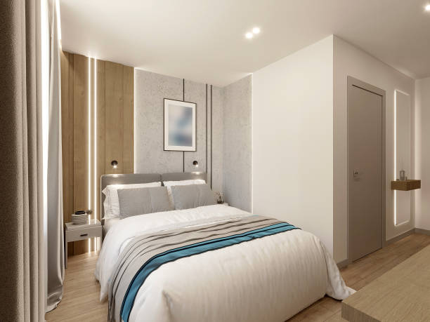 istock Hotel standard room bed 3D render grey interior with wooden panels 2162659101