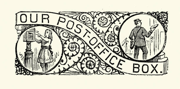 Post office box, Girl posting letter, Postman delivering mail, Victorian, Vintage illustration, 19th Century