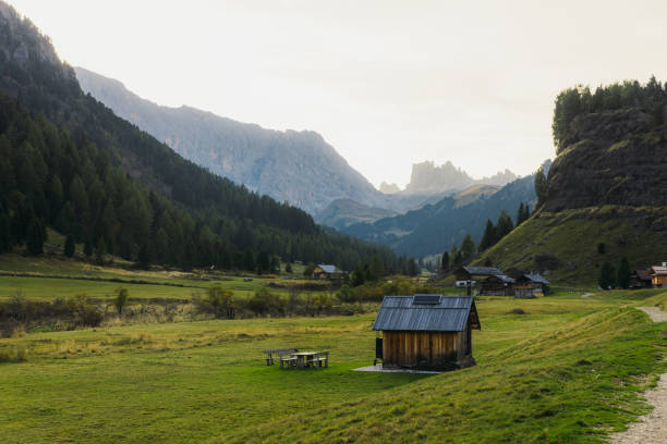 Scenic view of beautiful mountain landscape with river flow, pine forest, green meadow and the peaks of Dolomites Alps Mountains at the small village during soft sunset