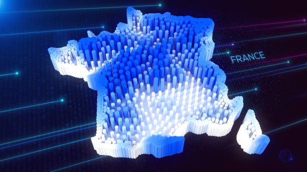 istock 3D Perspective View of Blue and White Dynamic Hexagonal Prism Rippling France Map and Text with Hud Grid, Dotted Lines, and Light Flare Background 2162663539