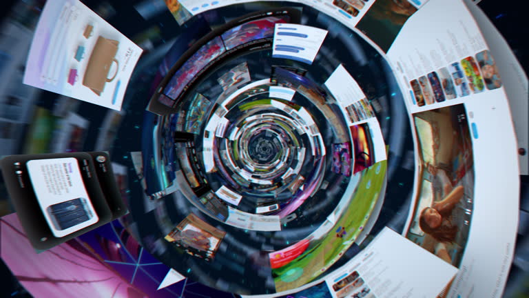 Dynamic Cyberspace Visualization Showing a Vortex of Social Network Feeds, Images and Videos, Showing the Connected Digital Space. Swirling Effect Emphasizes Immersive Nature of Online Communication