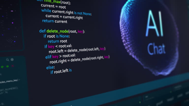 Close Up on Computer Screen with an Artificial Intelligence Chat Bot Creating a Unique Software Code Live on Display. Internet User Asked a LLM Model a Prompt to Generate a Programmer's Code