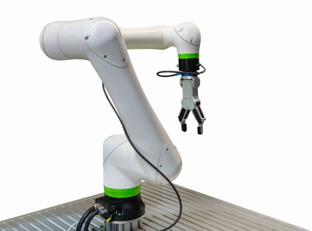 istock Isolated modern white robotic arm on a conveyor belt.
Isolated modern white robotic arm in production. 2162670689