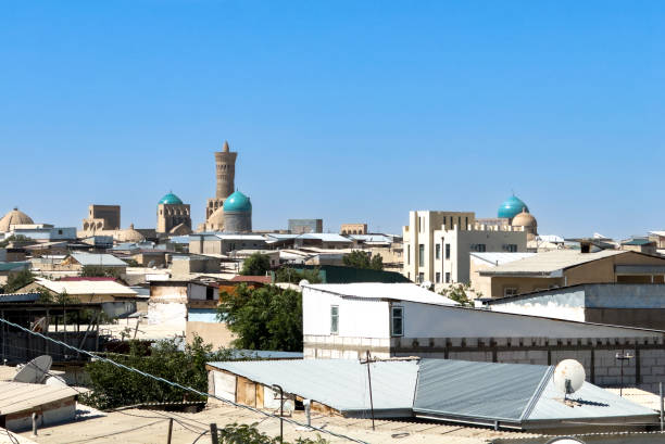 Bukhara old town skyline with the historical madrassas and minaret in the background.