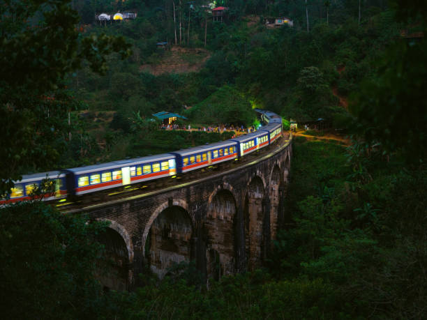 Scenic view of train passing nine arch bridge in Ella, Sri Lanka