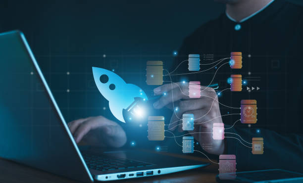 istock Entrepreneurship launch rocket start flying up and network line connection. Startup concept plan development business project digital. 2162677638
