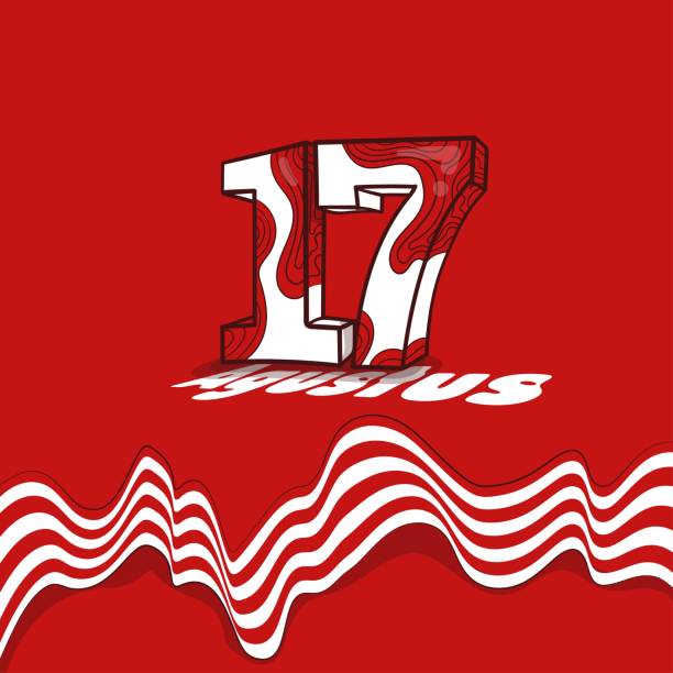 istock Typography number of 17 in red white texture hand drawn design with waving red white ribbon for indonesia independence day 2162681869