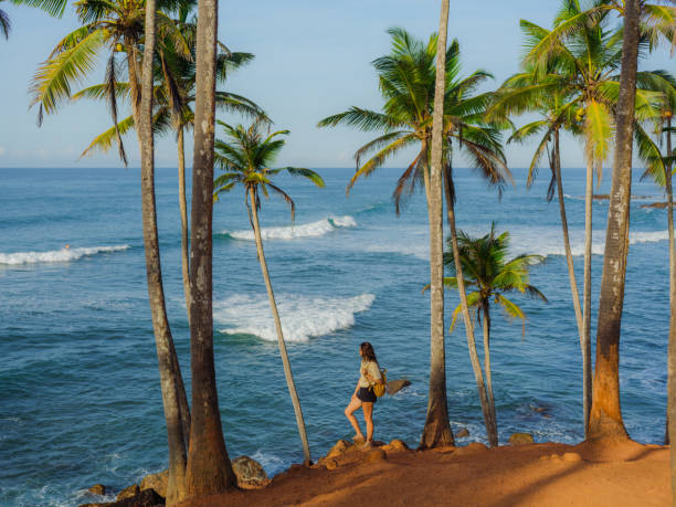 Woman looking at ocean standing among  palm trees grove