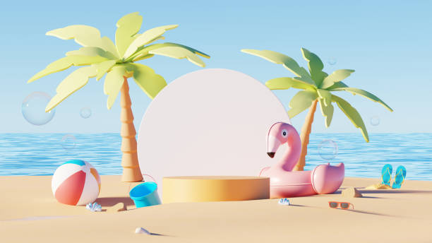 istock 3D render, display podium with blank white circle on summer beach sea background, scene for advertising decorate with summer element. 2162683156