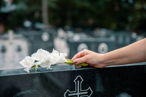 istock Female hand with white flower on the grave 2162685035