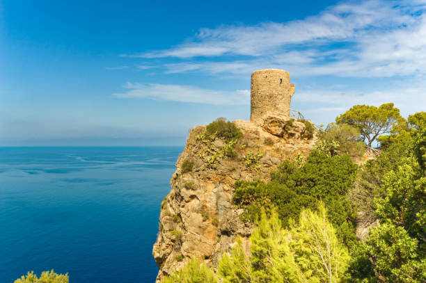 istock Coastal landscape in Mallorca with pine trees and old watchtower 2162687923