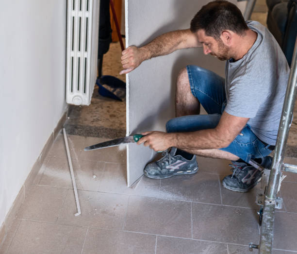 istock drywall bulkhead construction in domestic bathroom. cutting gypsum sheet 2162691809