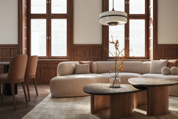 Modern elegant living room - interior design - 3d render Living room interior design- 3d render beige and brown colored furniture and wooden elements art deco vase stock pictures, royalty-free photos & images