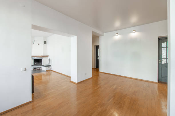istock Classic Home Open Space Kitchen Interior. Wooden Floor, Minimalistic Interior Design. Entrance to Living Room n Background 2162699067